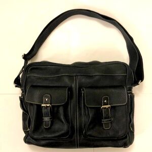 Roots Large Black Bag Crossbody Travel Satchel Pebble Leather 8 Compartments